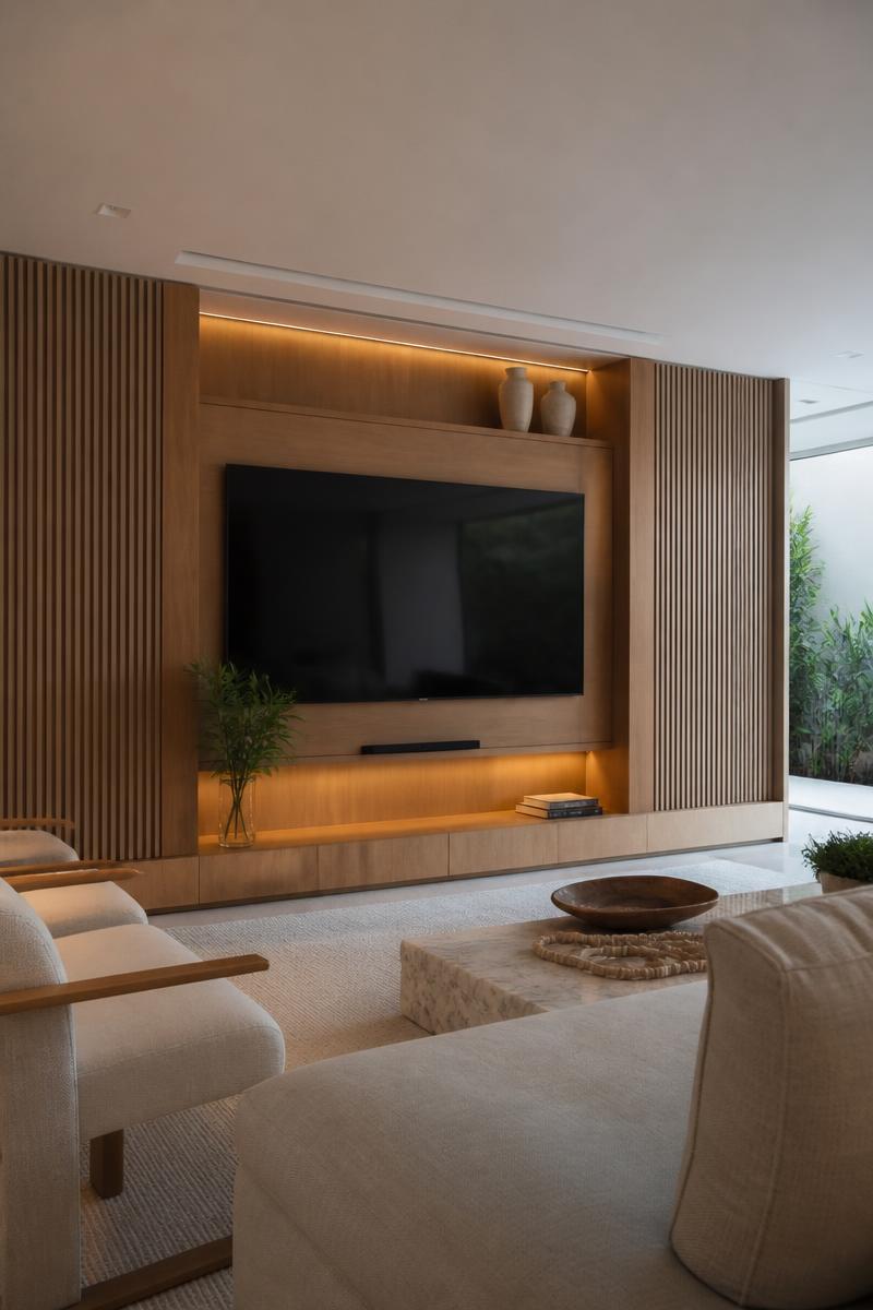 Sala com painel planejado em madeira